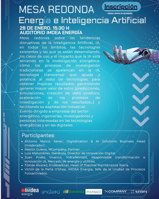 IMDEA organiza el prximo 28 de enero la Mesa Redonda Energa e Inteligencia Artificial 